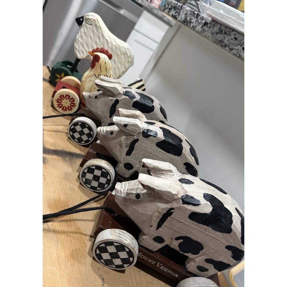 Wood Pigs Chicken And Sheep Pull Toy Carved Folk Art Mount Vernon Estate